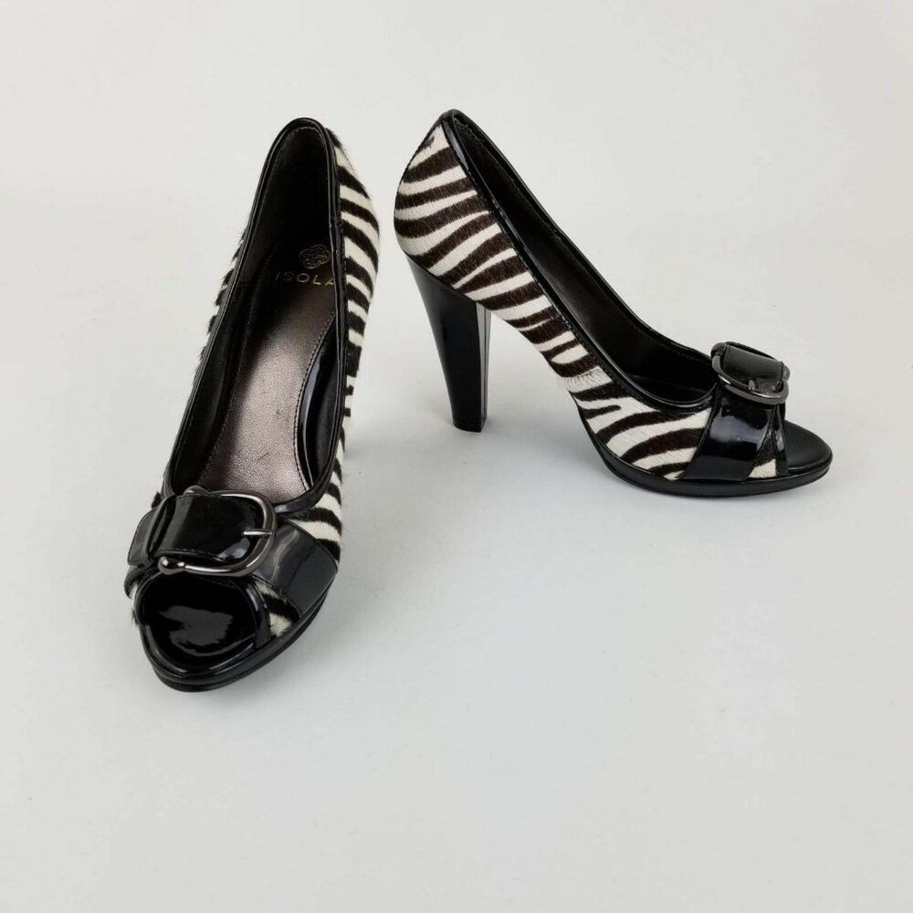 Isola Heels White Black Zebra Horse Hair Buckle Peep Toe  Sz 7.5